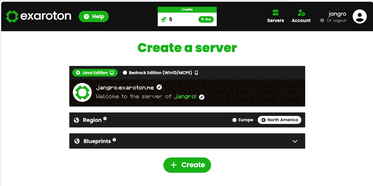 Create Server Screen
