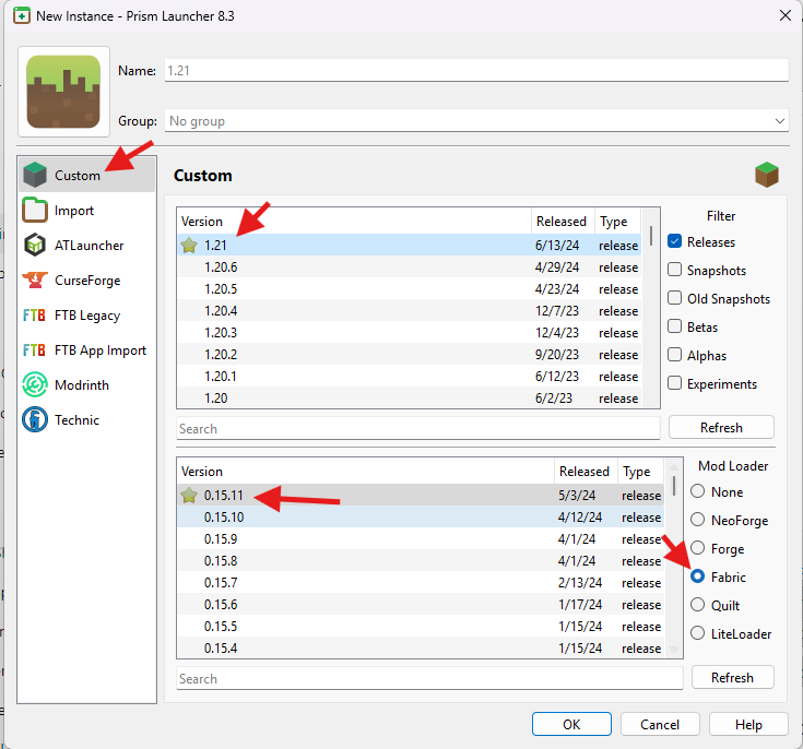 Prism Launcher custom instance creation with 1.21 and Fabric selected