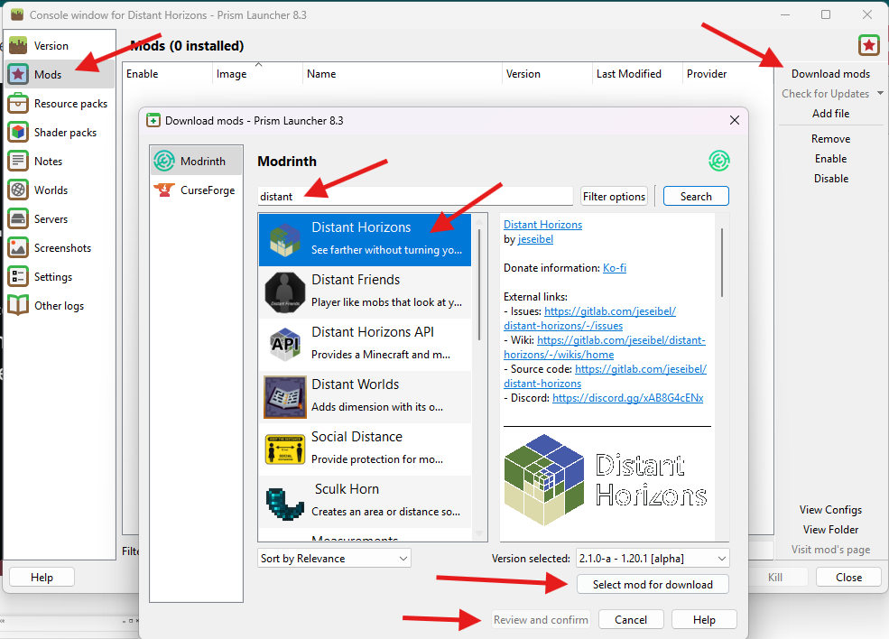 Prism mod download window searching for Distant Horizons mod