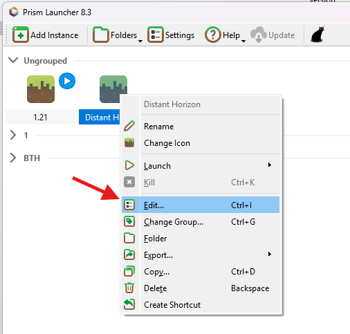 Prism Launcher right-click menu showing Edit option for instance