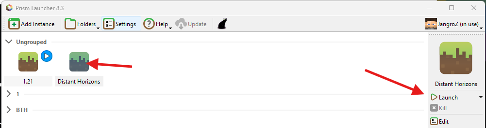 Prism Launcher main window with Launch button to start Minecraft