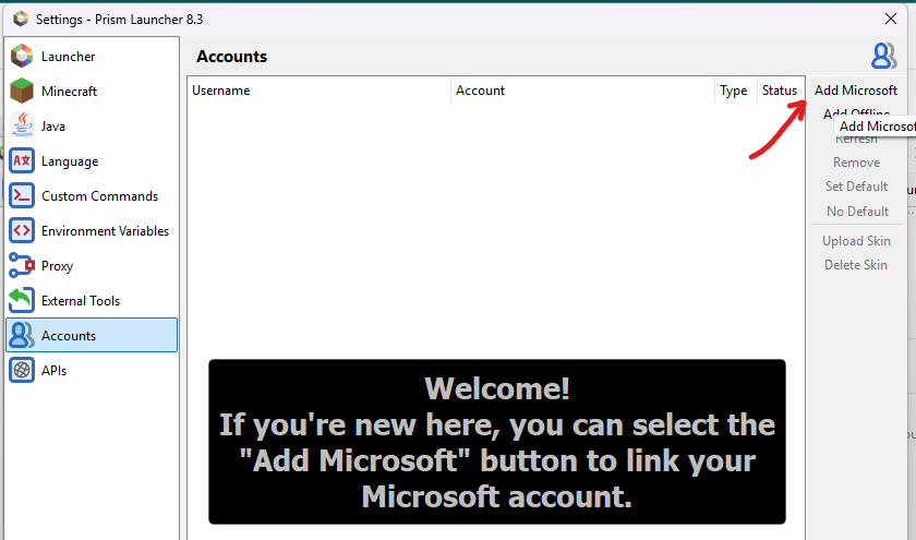Prism Launcher add Microsoft account button