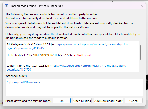 Prism Launcher blocked mods dialog with download options