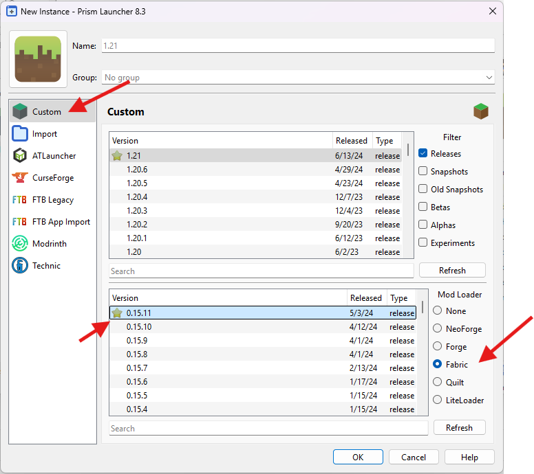 Prism Launcher creating custom Fabric instance