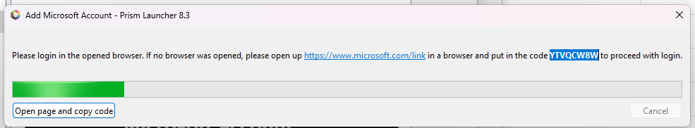 Prism Launcher device code authentication window