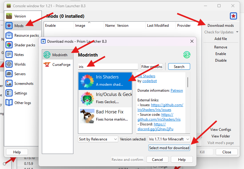 Prism Launcher downloading Iris Shaders mod