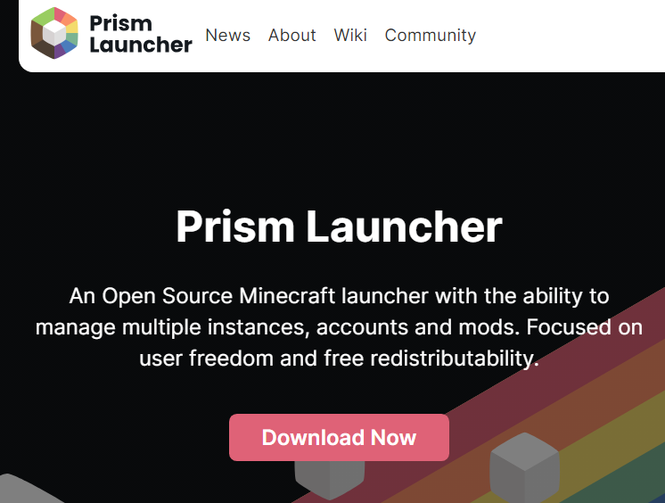 Prism Launcher website homepage showing download options for different operating systems