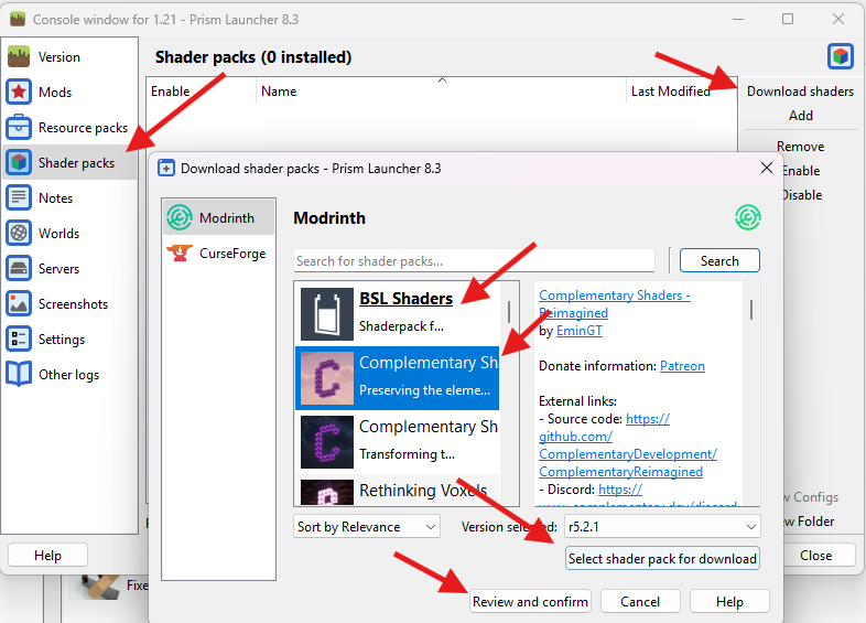 Prism Launcher downloading BSL and Complementary shaders