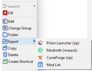 Prism Launcher export instance menu with format options