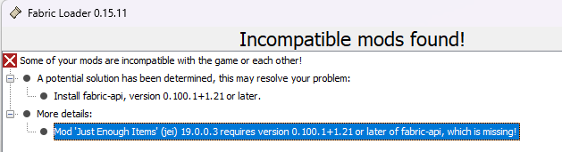 Prism Launcher error message requiring Fabric API