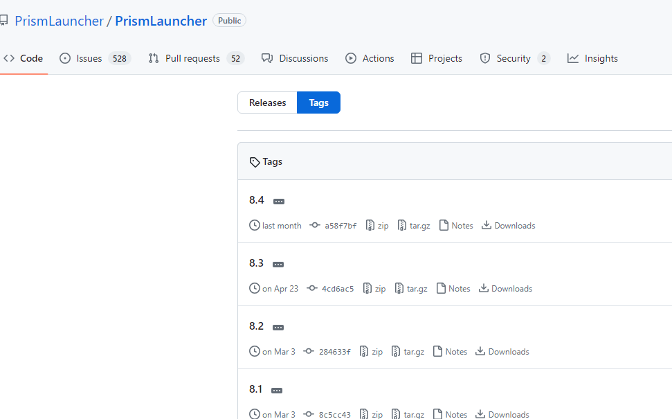 Prism Launcher GitHub releases page showing available versions for download