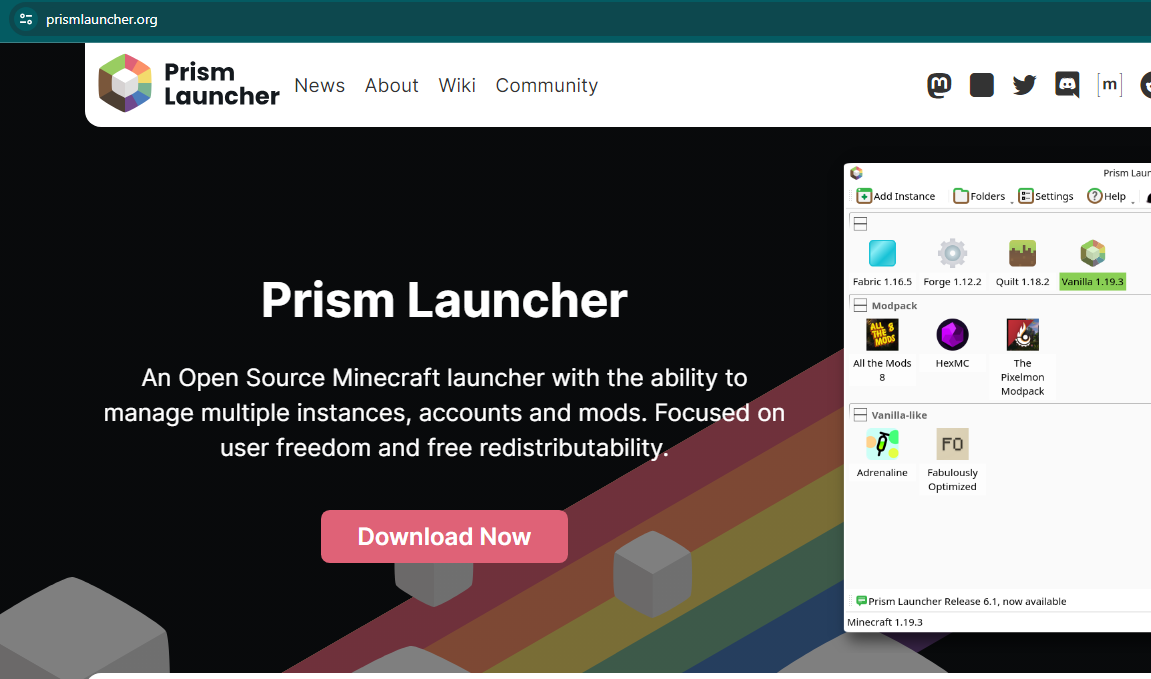 Prism Launcher official website homepage with download button