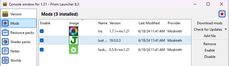 Prism Launcher showing three mods installed