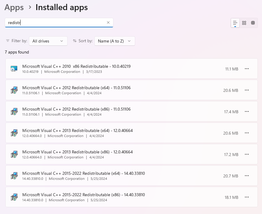 Windows Settings showing installed Microsoft Visual C++ Redistributable packages