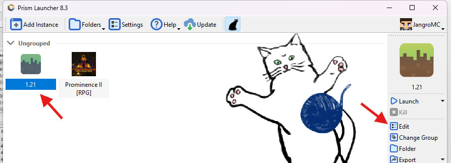 Prism Launcher instance edit menu with mod options