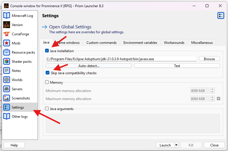 Prism Launcher Java compatibility check settings