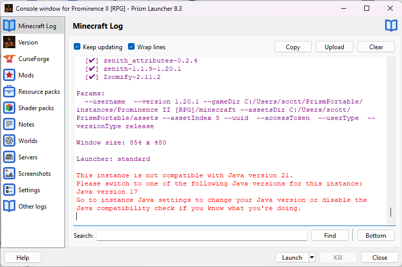 Prism Launcher console showing Java version warning
