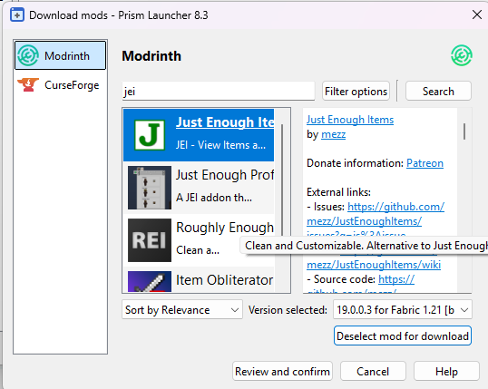 Prism Launcher downloading JEI mod with dependencies