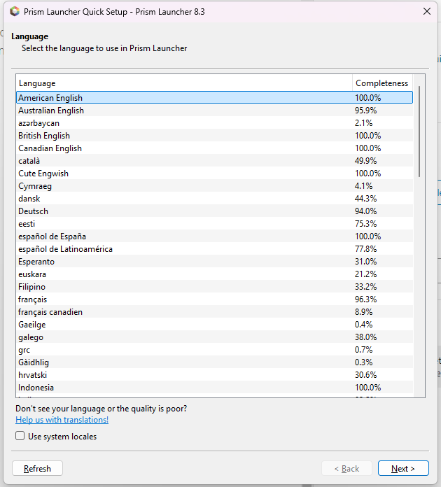 Prism Launcher setup wizard language selection screen