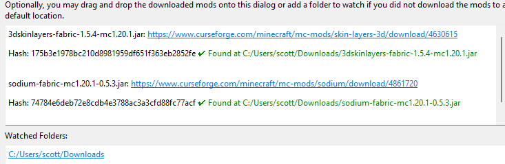 Prism Launcher showing mods found status after download