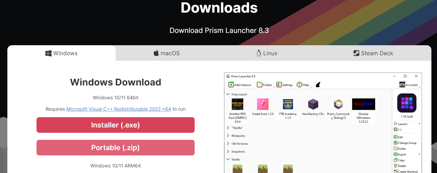 Prism Launcher download options for Windows, MacOS, Linux, and Steam Deck