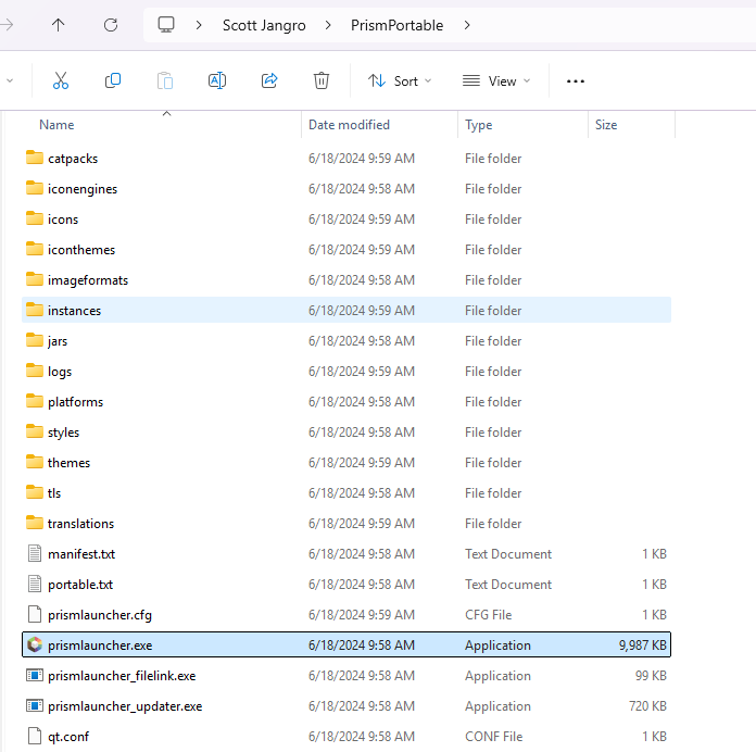 Prism Launcher portable executable file in Windows Explorer