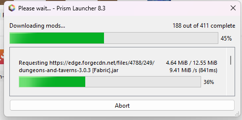 Prism Launcher downloading Prominence II RPG in 21 seconds