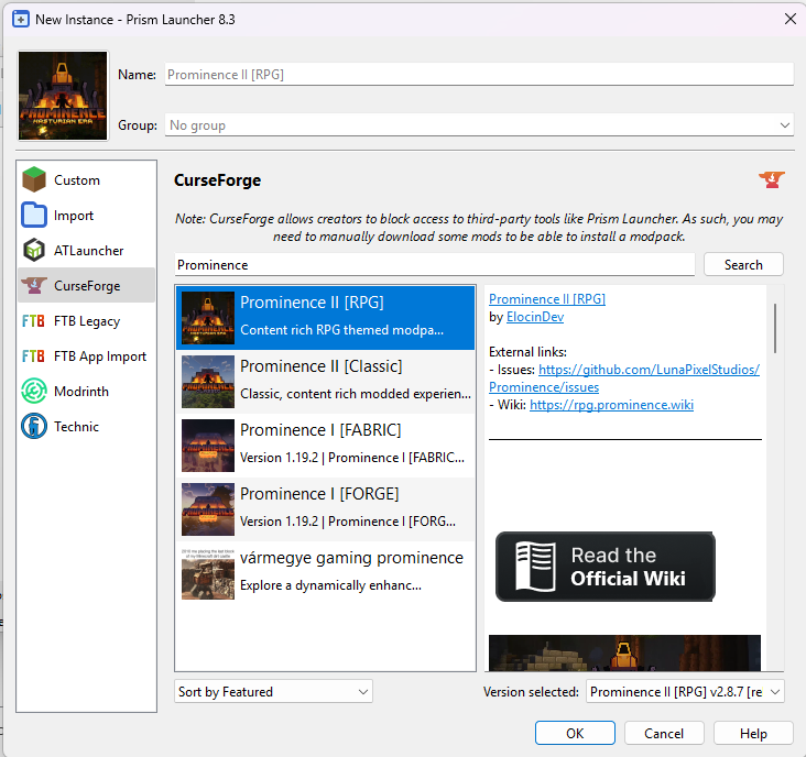 Prism Launcher searching for Prominence II RPG modpack