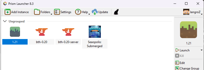 Prism Launcher with 1.21 instance ready to launch