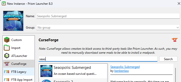 Prism Launcher search for Seaopolis Submerged modpack