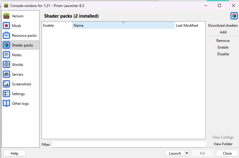 Prism Launcher showing two shader packs installed