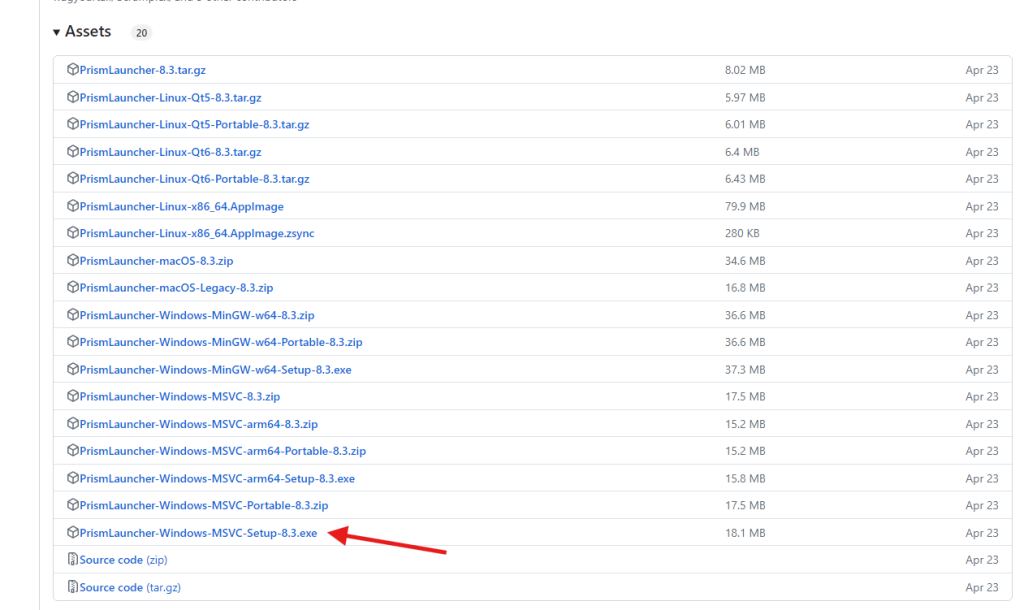 Prism Launcher version 8.3 download page showing Windows MSVC installer option