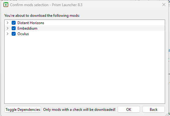 Prism review and confirm window showing Distant Horizons and dependencies
