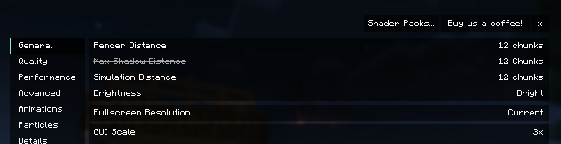 Prominence II shader pack settings menu