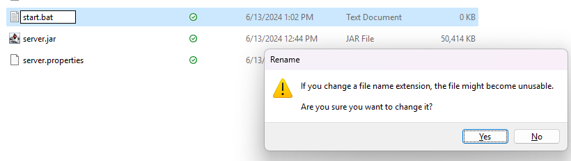 Windows warning when renaming file to .bat extension
