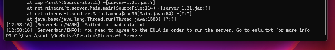 Server console showing EULA acceptance required