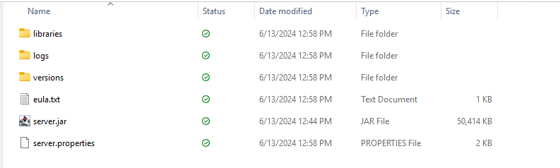 Server files folder showing eula.txt file