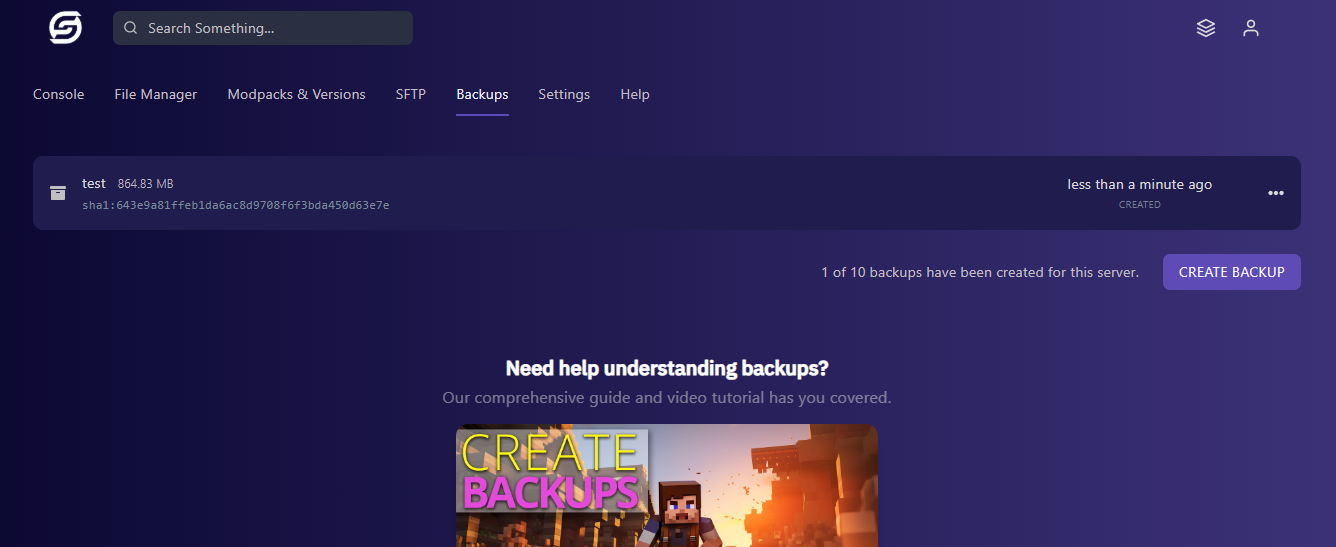 Simple Game Hosting backup management showing up to 10 backup slots with manual and scheduled options