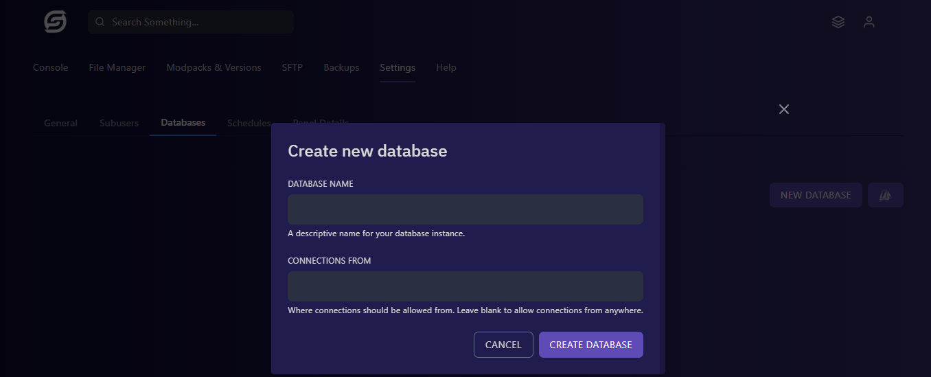 Simple Game Hosting MySQL database creation interface for mod compatibility