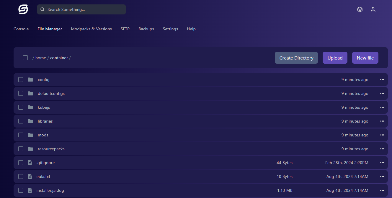 Simple Game Hosting file manager interface for uploading worlds and editing configuration files