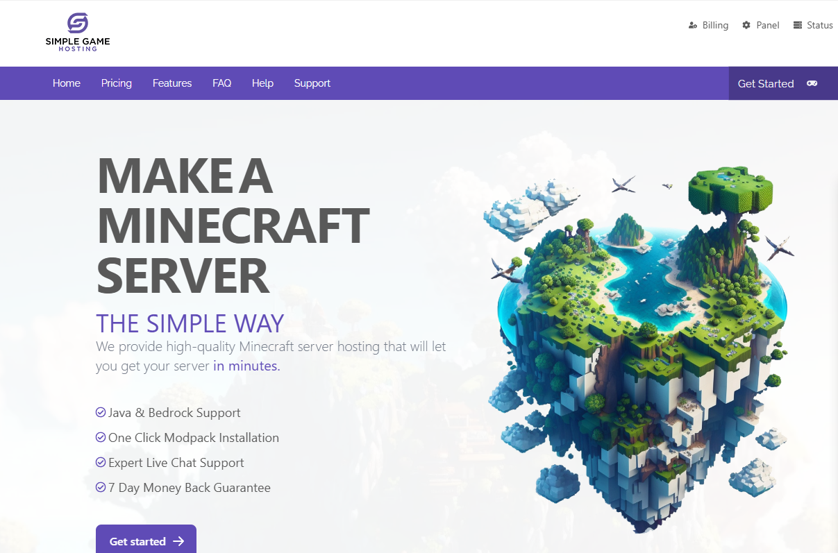 Simple Game Hosting homepage showing clean interface with server features and packages