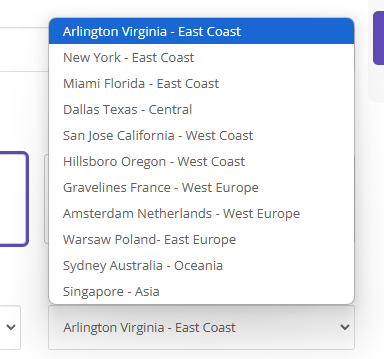 Simple Game Hosting server location selection showing global data center options