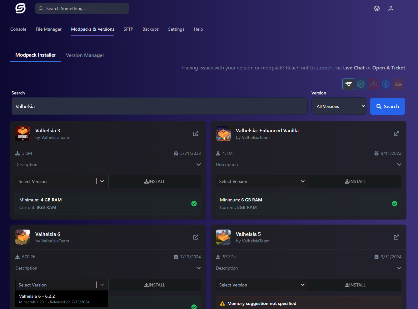Simple Game Hosting modpack installation interface showing Valhelsia 6 modpack selection