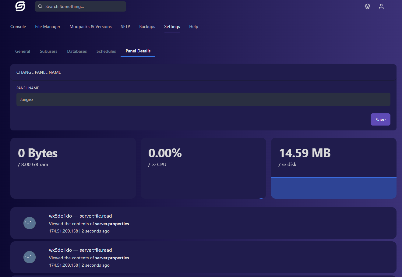 Simple Game Hosting panel details showing server information, CPU usage, and unlimited disk space