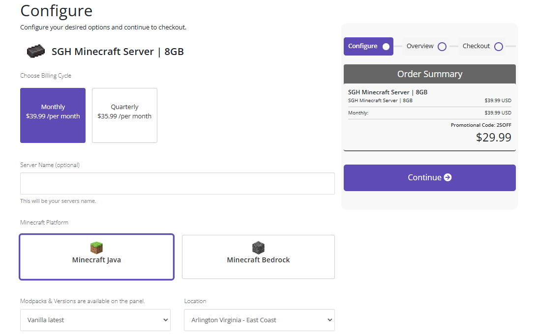 Simple Game Hosting 8GB server plan selection with quarterly discount option