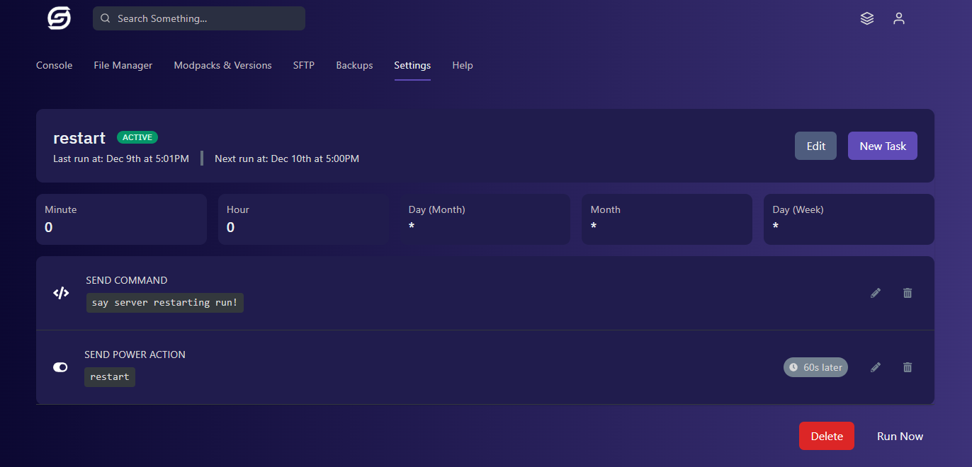 Simple Game Hosting task scheduler showing automated server restart with player warning system