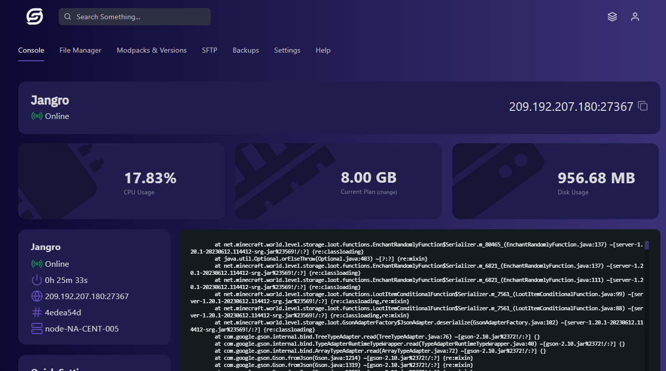 Simple Game Hosting server dashboard showing running vanilla Minecraft server with console output