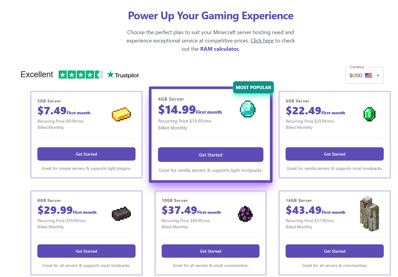 Simple Game Hosting server plans showing pricing tiers from 2GB to 16GB RAM options