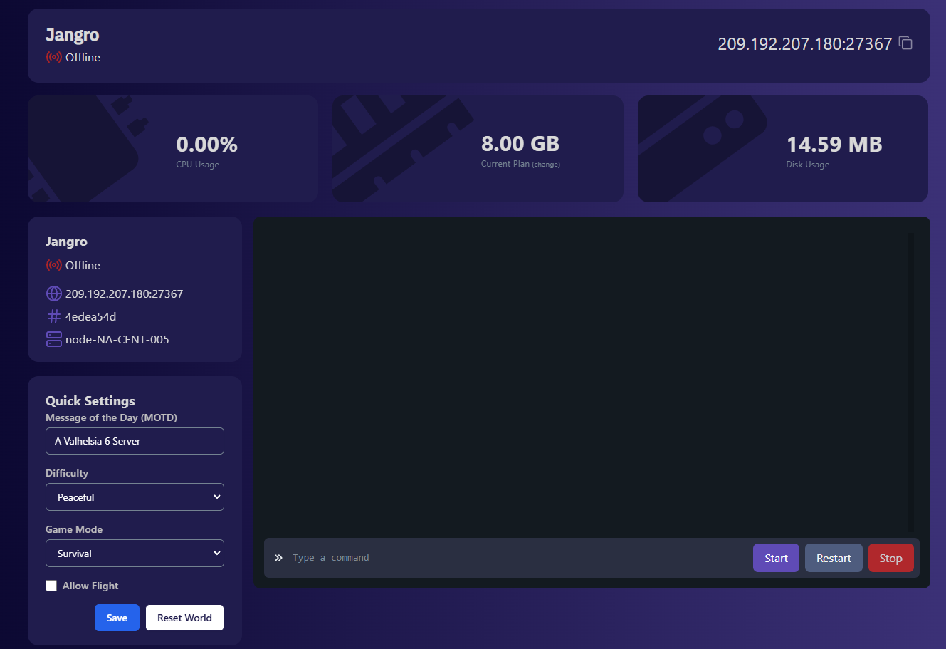 Simple Game Hosting server settings panel showing difficulty and game mode options before starting server