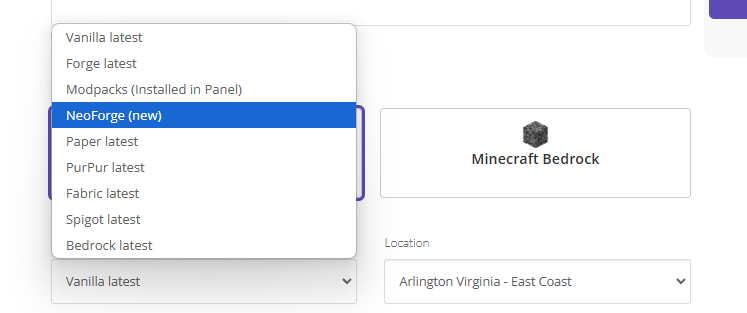 Simple Game Hosting server type selection showing Purpur server option for Minecraft 1.21.1